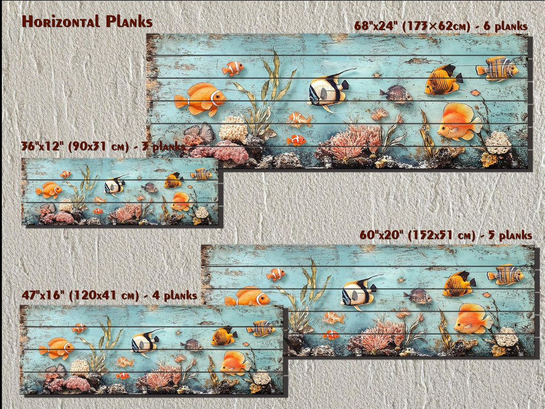 Colorful tropical fish and coral reef scene printed on horizontal distressed wood planks.
