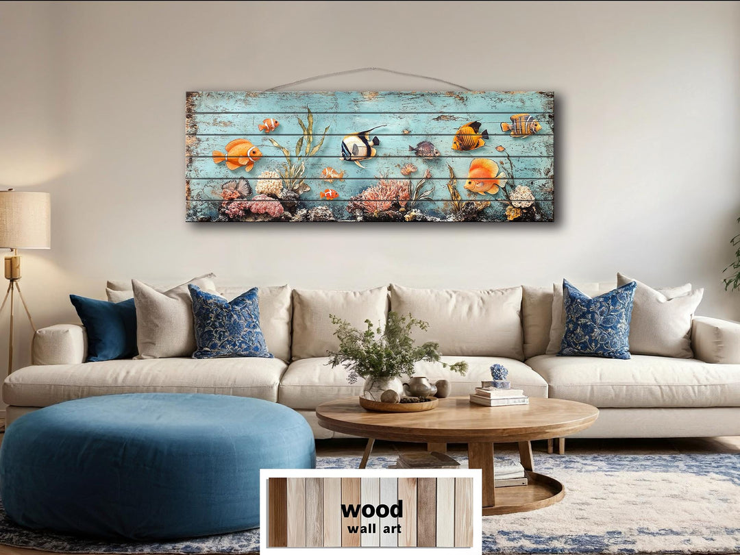 Long narrow distressed wood wall art featuring a colorful tropical fish and coral reef scene.