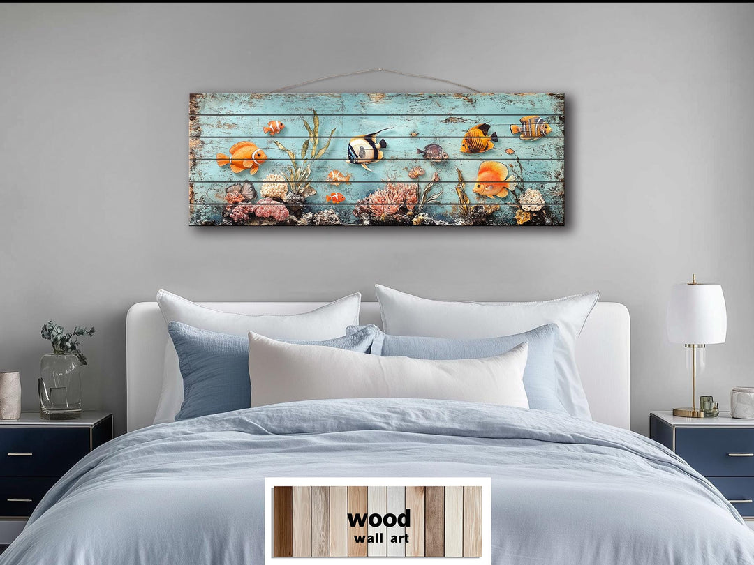 Long narrow distressed wood wall art featuring a colorful tropical fish and coral reef scene.
