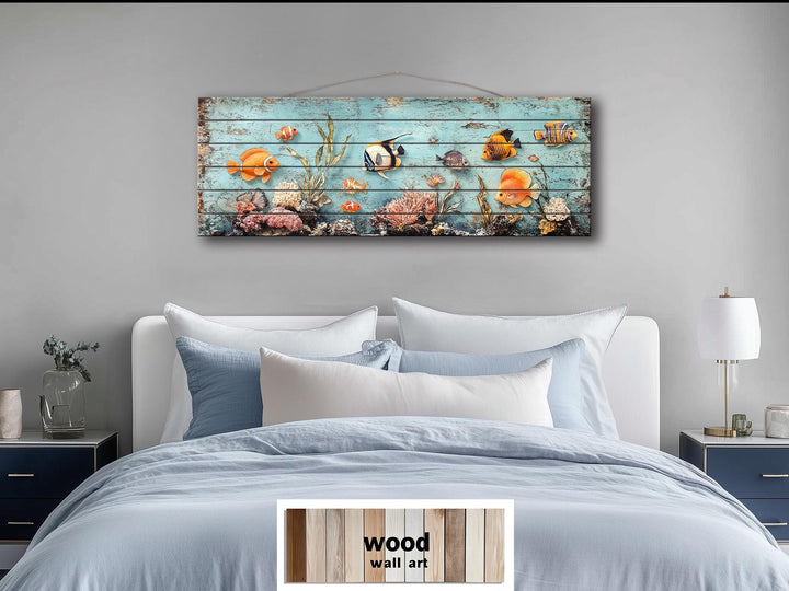 Long narrow distressed wood wall art featuring a colorful tropical fish and coral reef scene.