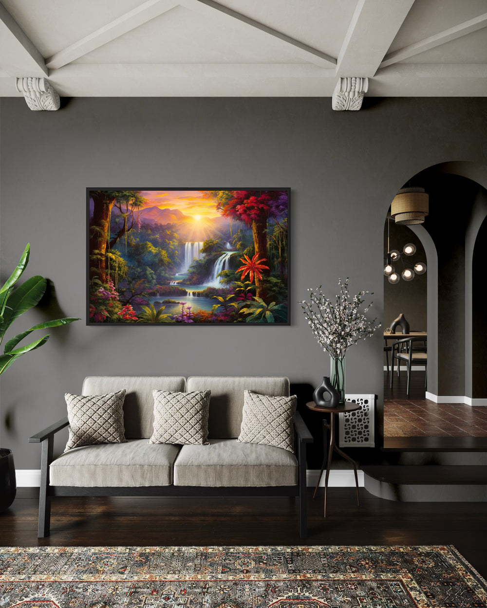 Colorful Tropical Rainforest Waterfall And Flowers Framed Canvas Wall Art