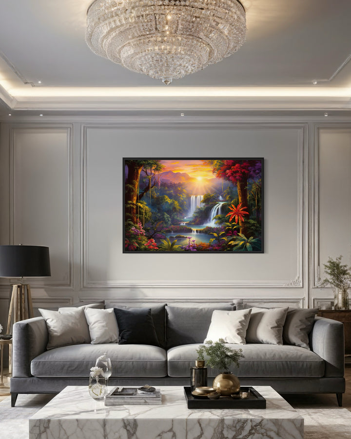Colorful Tropical Rainforest Waterfall And Flowers Framed Canvas Wall Art
