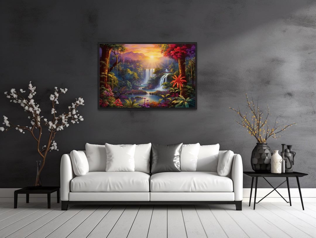 Colorful Tropical Rainforest Waterfall And Flowers Framed Canvas Wall Art