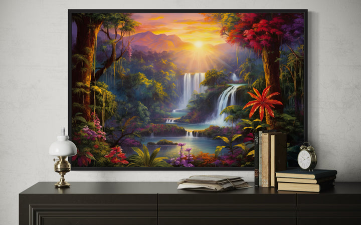 Colorful Tropical Rainforest Waterfall And Flowers Framed Canvas Wall Art