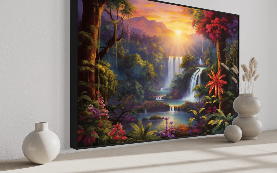 Colorful Tropical Rainforest Waterfall And Flowers Framed Canvas Wall Art