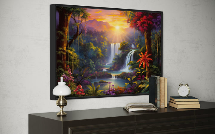 Colorful Tropical Rainforest Waterfall And Flowers Framed Canvas Wall Art