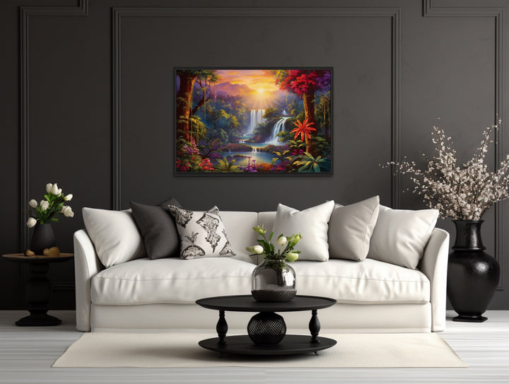 Colorful Tropical Rainforest Waterfall And Flowers Framed Canvas Wall Art