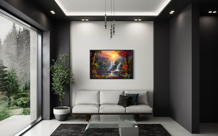 Colorful Tropical Rainforest Waterfall And Flowers Framed Canvas Wall Art