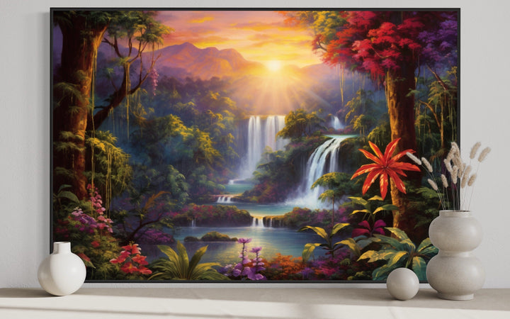 Colorful Tropical Rainforest Waterfall And Flowers Framed Canvas Wall Art