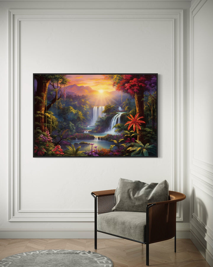 Colorful Tropical Rainforest Waterfall And Flowers Framed Canvas Wall Art