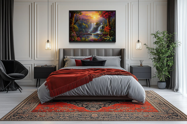Colorful Tropical Rainforest Waterfall And Flowers Framed Canvas Wall Art