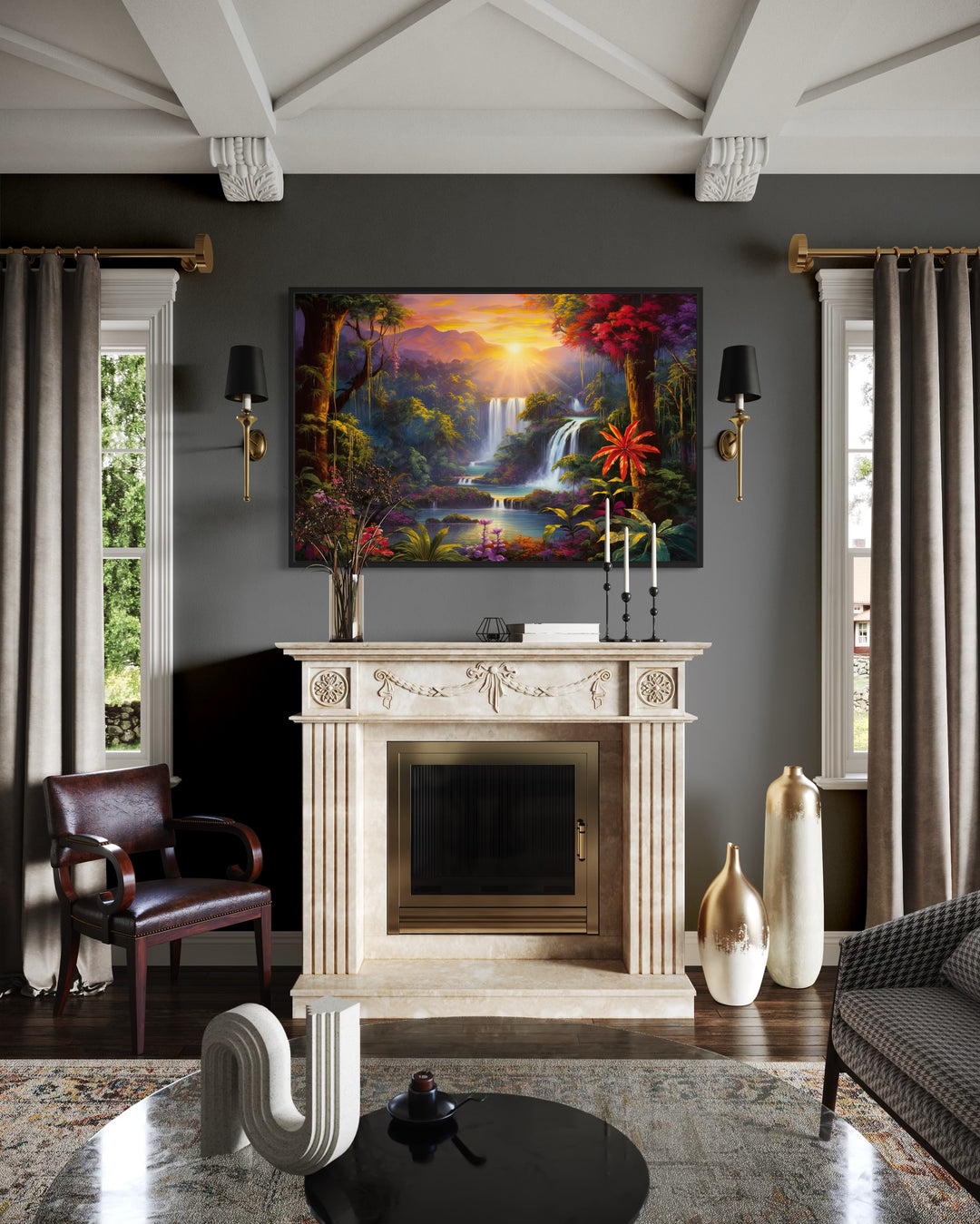 Colorful Tropical Rainforest Waterfall And Flowers Framed Canvas Wall Art