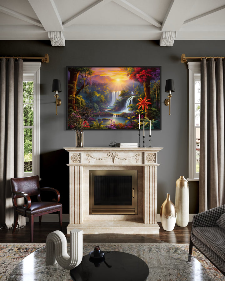 Colorful Tropical Rainforest Waterfall And Flowers Framed Canvas Wall Art