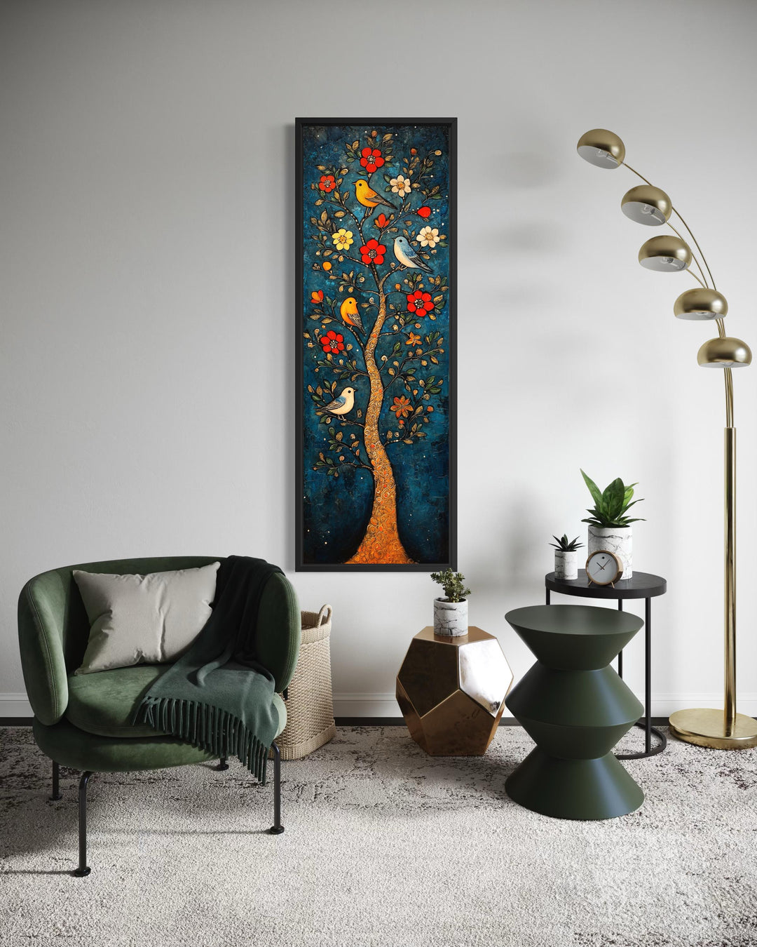 Vertical canvas wall art featuring a colorful floral tree with birds in a modern living room.