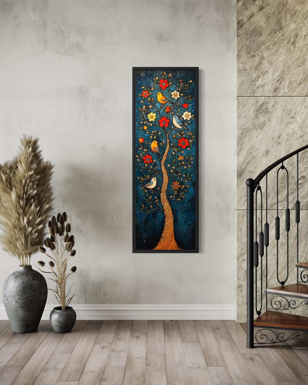 Vertical canvas wall art of a colorful floral tree with birds on a deep teal background.