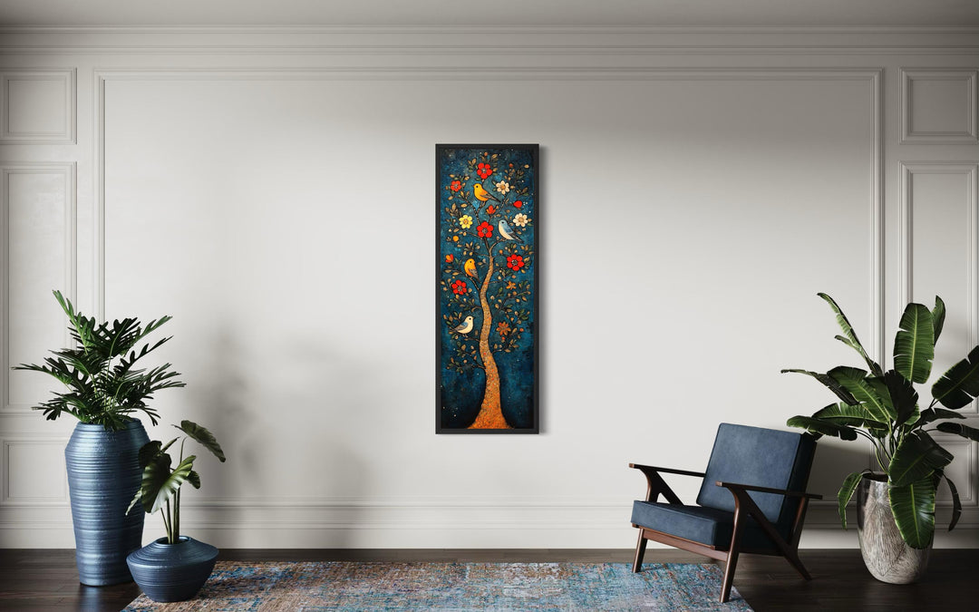 Vertical canvas wall art featuring a colorful floral tree with birds on a deep teal background.