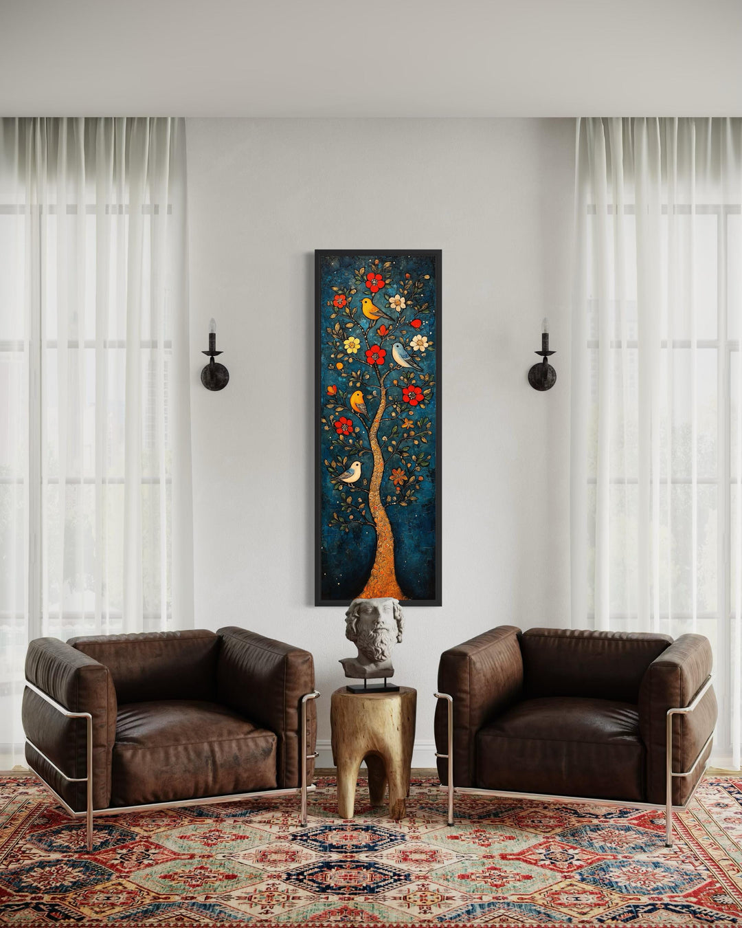 Vertical canvas wall art of a colorful floral tree with birds in a modern living room setting.