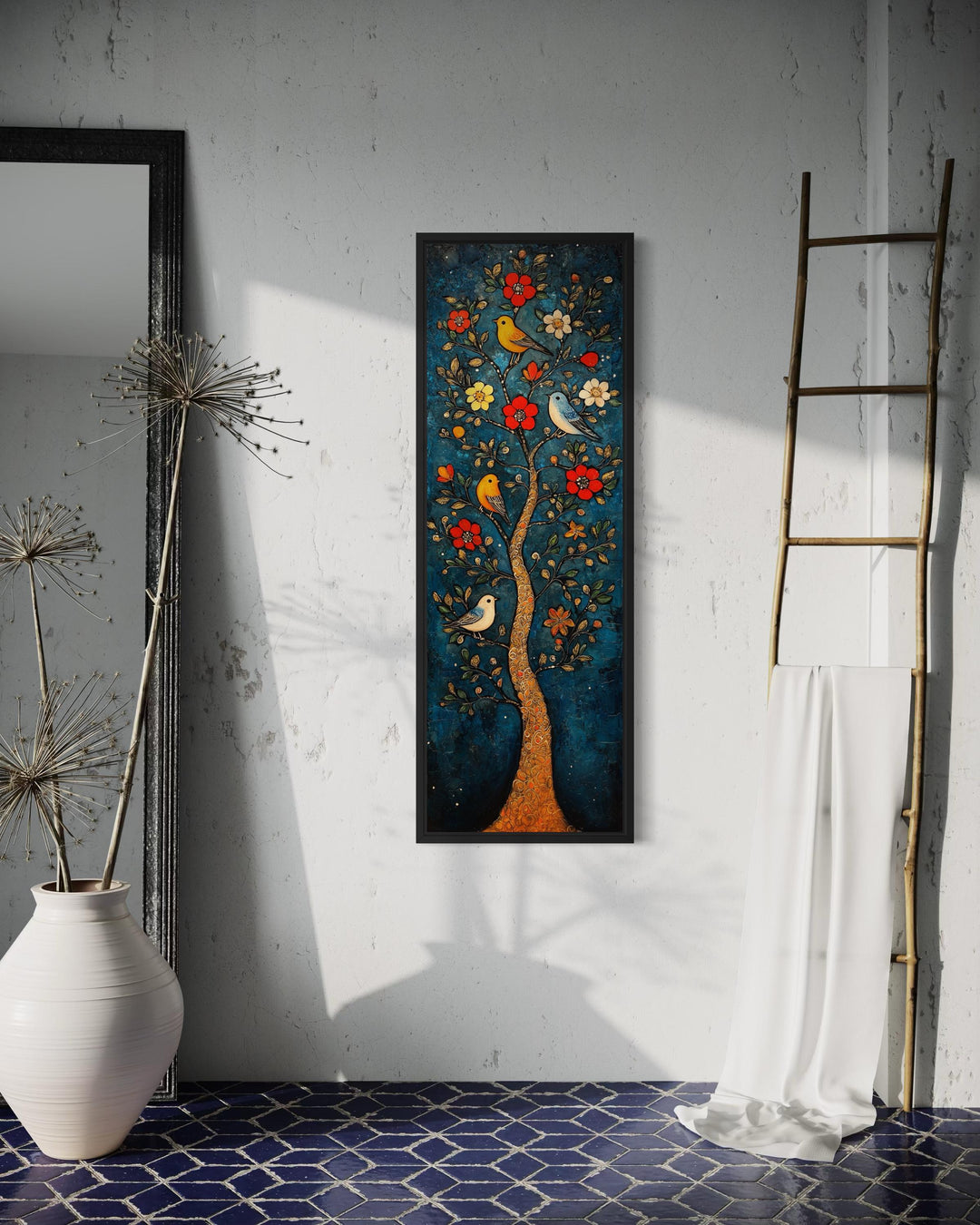 Vertical canvas wall art featuring a colorful floral tree with birds on a dark teal background.