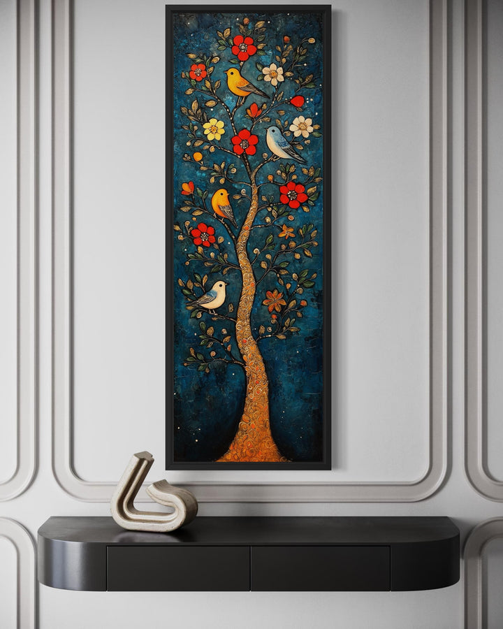 Vertical canvas wall art featuring a colorful floral tree with birds on a dark teal background.
