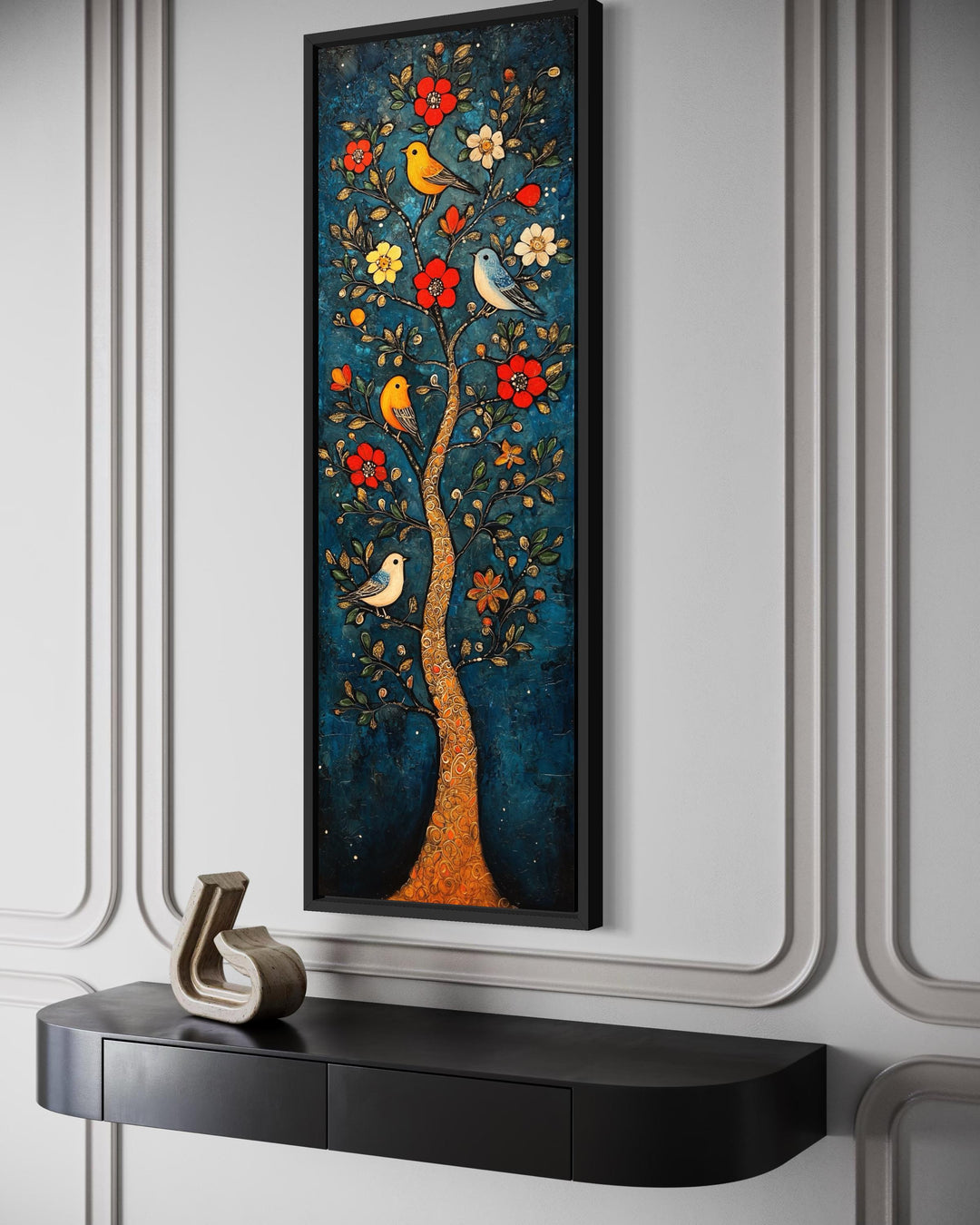 Vertical canvas wall art featuring a colorful floral tree with birds on a deep teal background.
