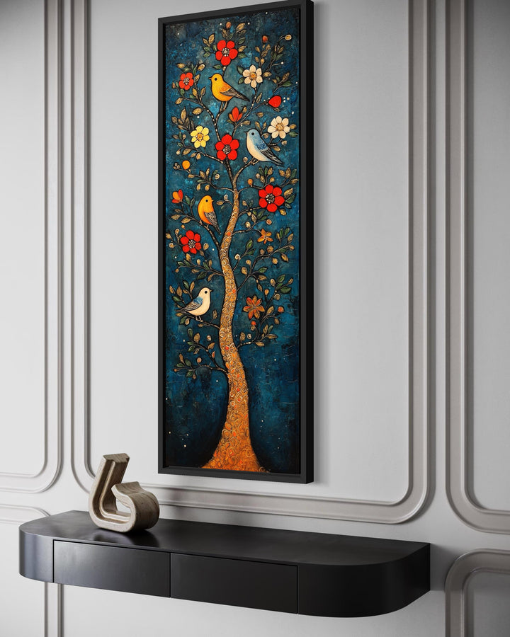 Vertical canvas wall art featuring a colorful floral tree with birds on a deep teal background.