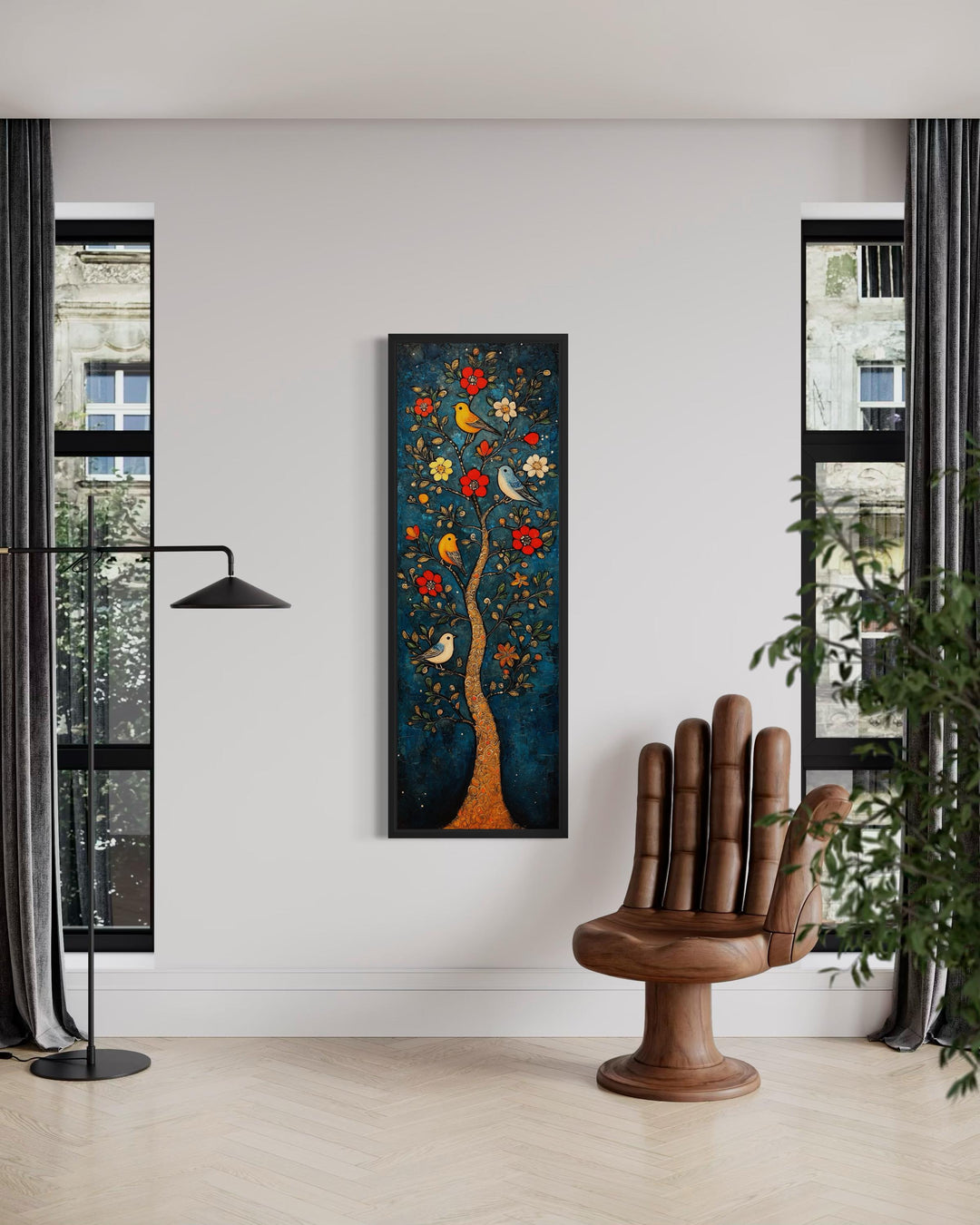 Vertical canvas wall art featuring a colorful floral tree with birds on a dark teal background.