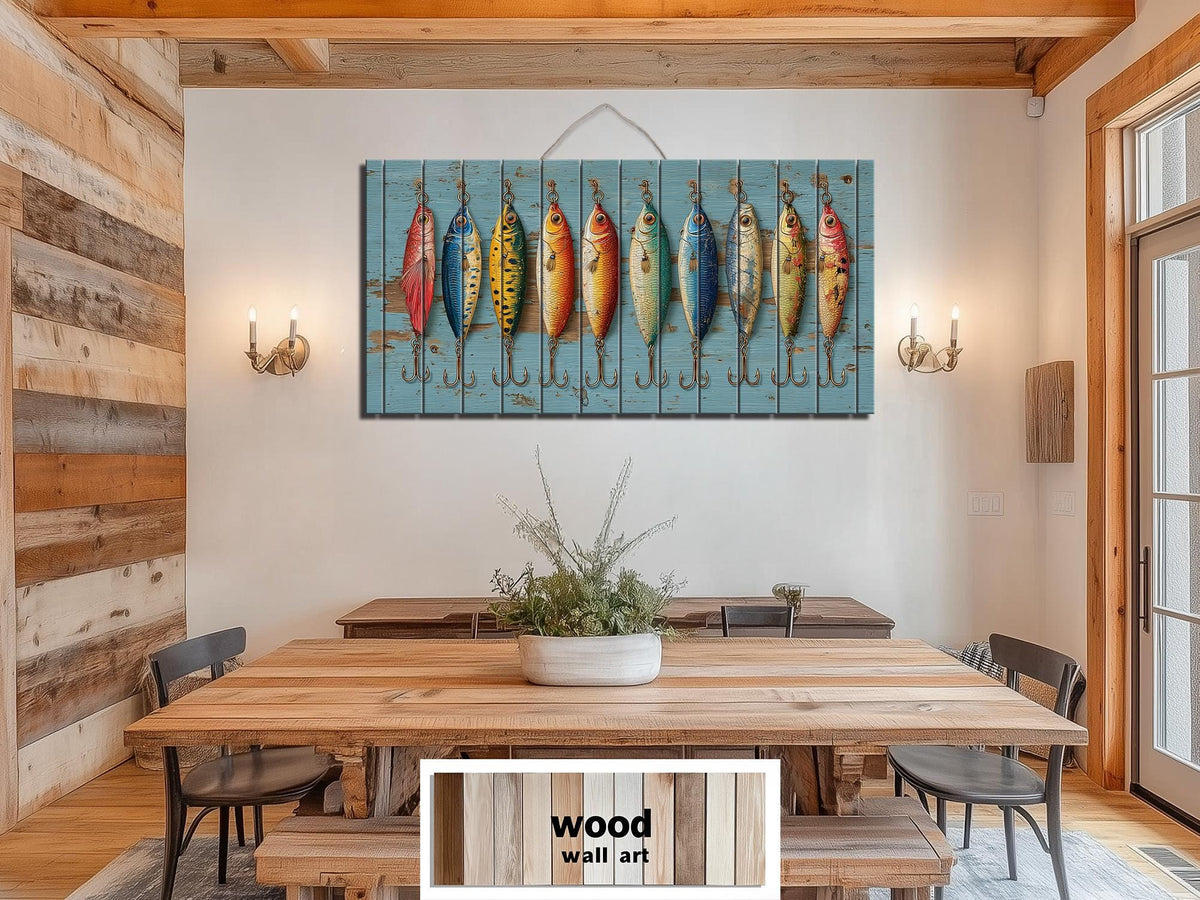 Colorful Vintage Fishing Lures Distressed Wood Wall Art
