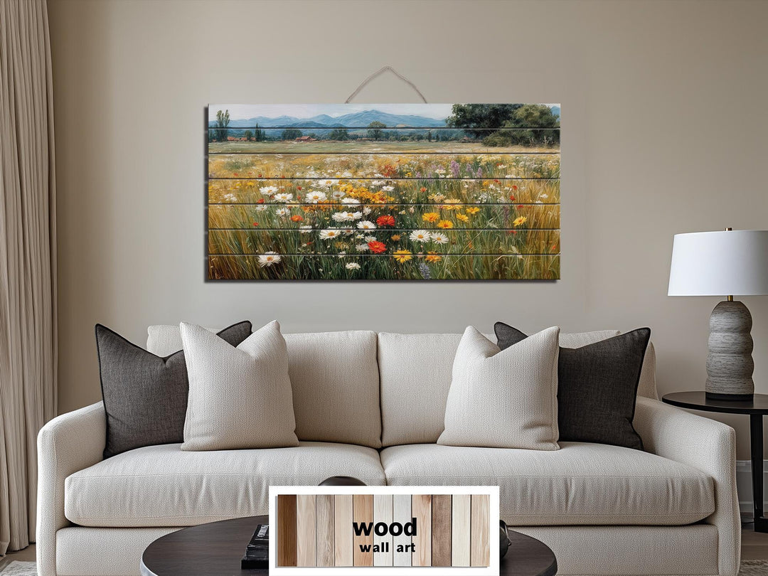 Colorful Wildflower Field Distressed Wood Wall Art