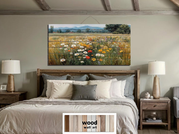 Colorful Wildflower Field Distressed Wood Wall Art