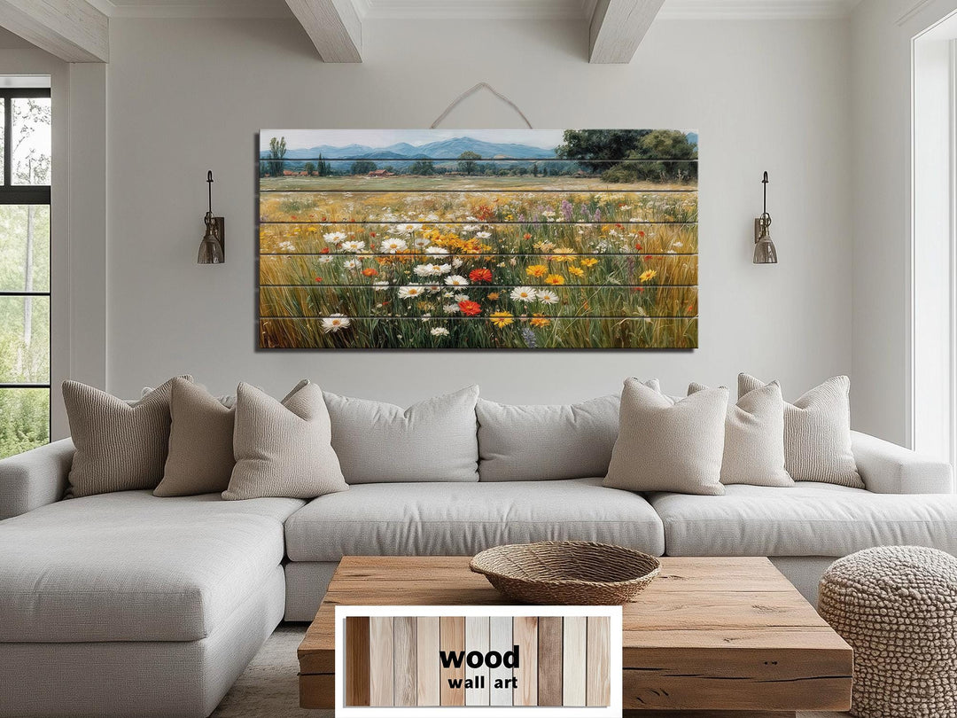 Colorful Wildflower Field Distressed Wood Wall Art