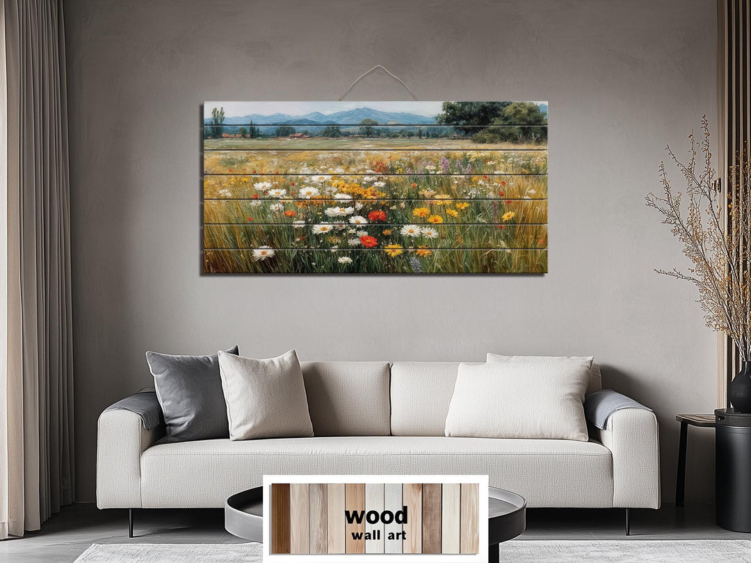 Colorful Wildflower Field Distressed Wood Wall Art