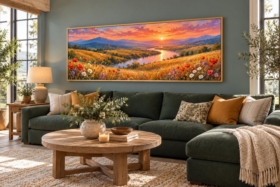 Panoramic canvas wall art of a wildflower meadow and river at sunset above a green sectional sofa.