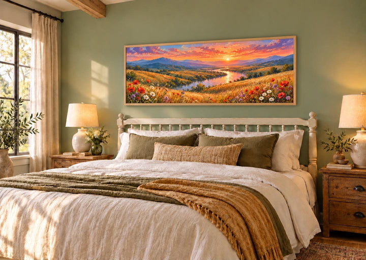 Panoramic canvas wall art of a wildflower meadow and river sunset above a bed in a green bedroom.