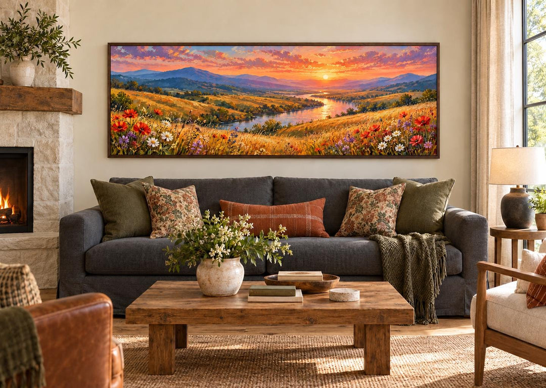 Panoramic canvas wall art of a wildflower meadow and river sunset above a gray sofa in a living room.