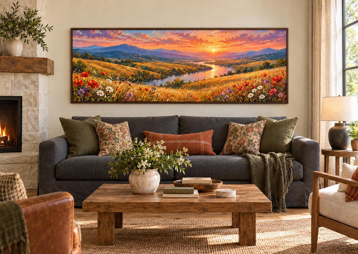 Panoramic canvas wall art of a wildflower meadow and river sunset above a gray sofa in a living room.