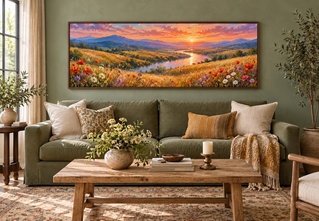 Panoramic canvas wall art of a wildflower meadow and river at sunset above a green sofa.
