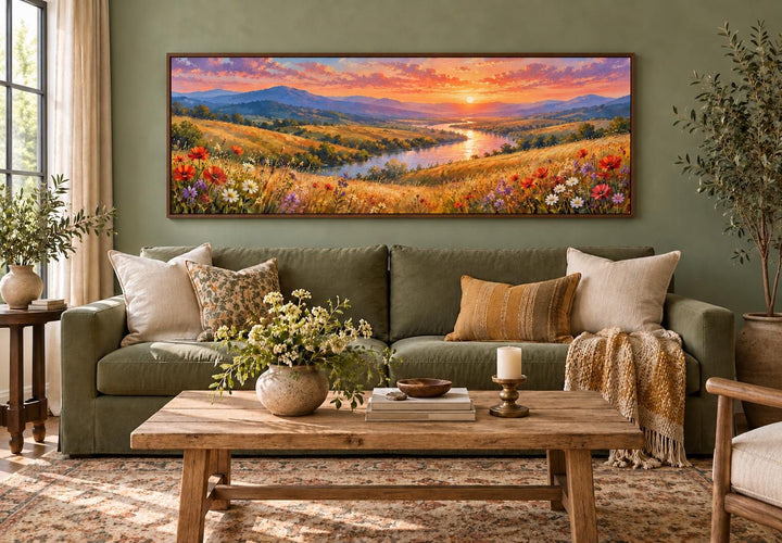 Panoramic canvas wall art of a wildflower meadow and river at sunset above a green sofa.