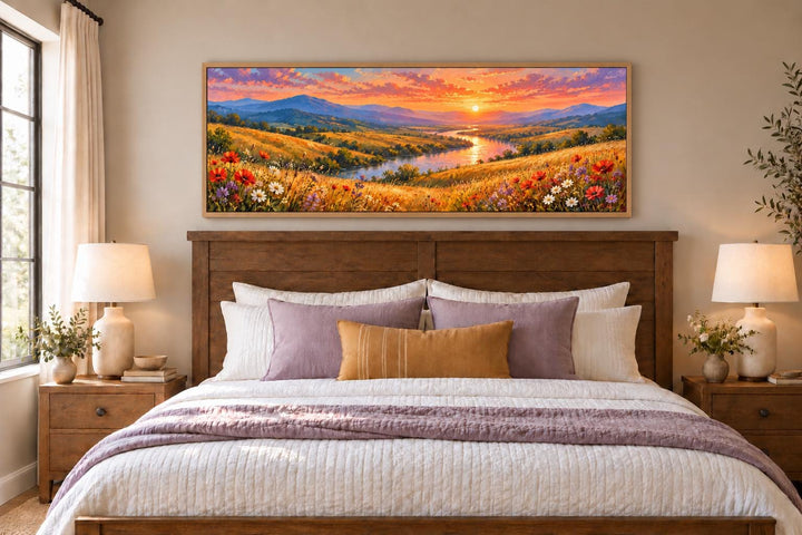Panoramic canvas wall art of a wildflower meadow and river at sunset above a wooden bed frame.