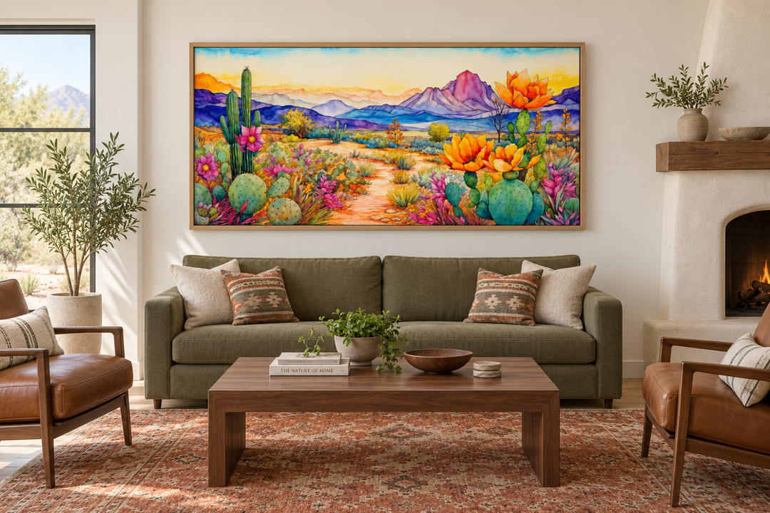 Framed colorful Arizona desert canvas print featuring cacti and mountains above a green sofa.