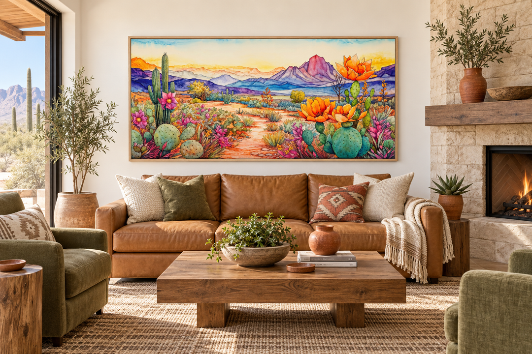 Framed colorful Arizona desert canvas wall art hanging above a brown leather sofa in a living room.