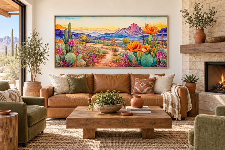 Framed colorful Arizona desert canvas wall art hanging above a brown leather sofa in a living room.