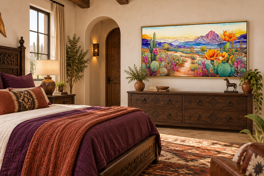 Colorful Arizona desert landscape canvas wall art in a gold frame above a dark wood dresser.