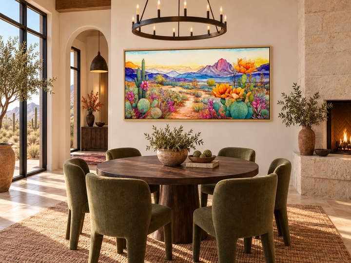 Colorful Arizona desert canvas wall art in a gold frame hanging above a wooden dining table.