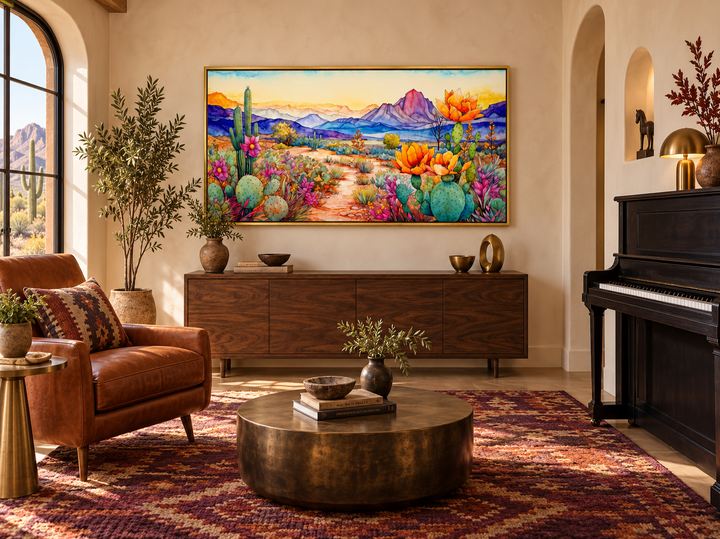 Framed colorful Arizona desert canvas wall art hanging above a wooden sideboard in a living room.