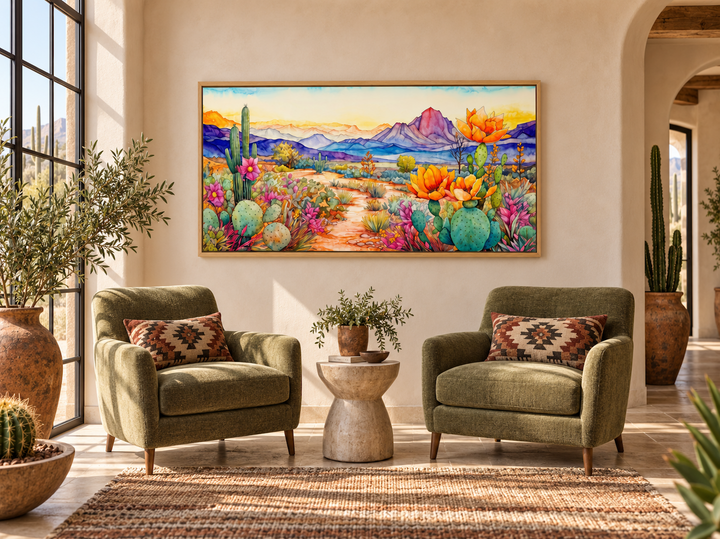 Framed colorful Arizona desert canvas print above two green armchairs in a Southwestern living room.