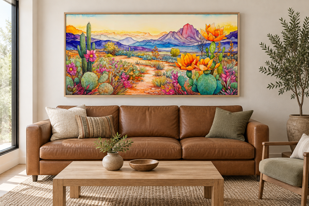Colorful Arizona desert landscape canvas wall art in a wood frame above a brown leather sofa.