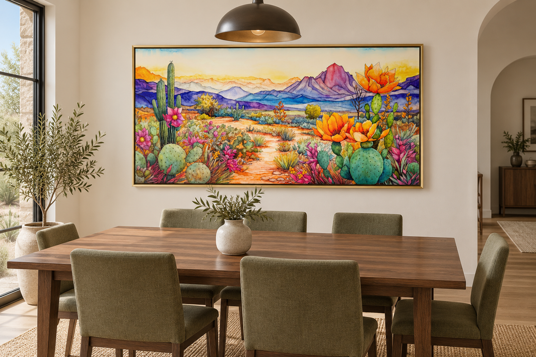 Colorful Arizona desert canvas wall art in a gold frame above a wooden dining table and chairs.