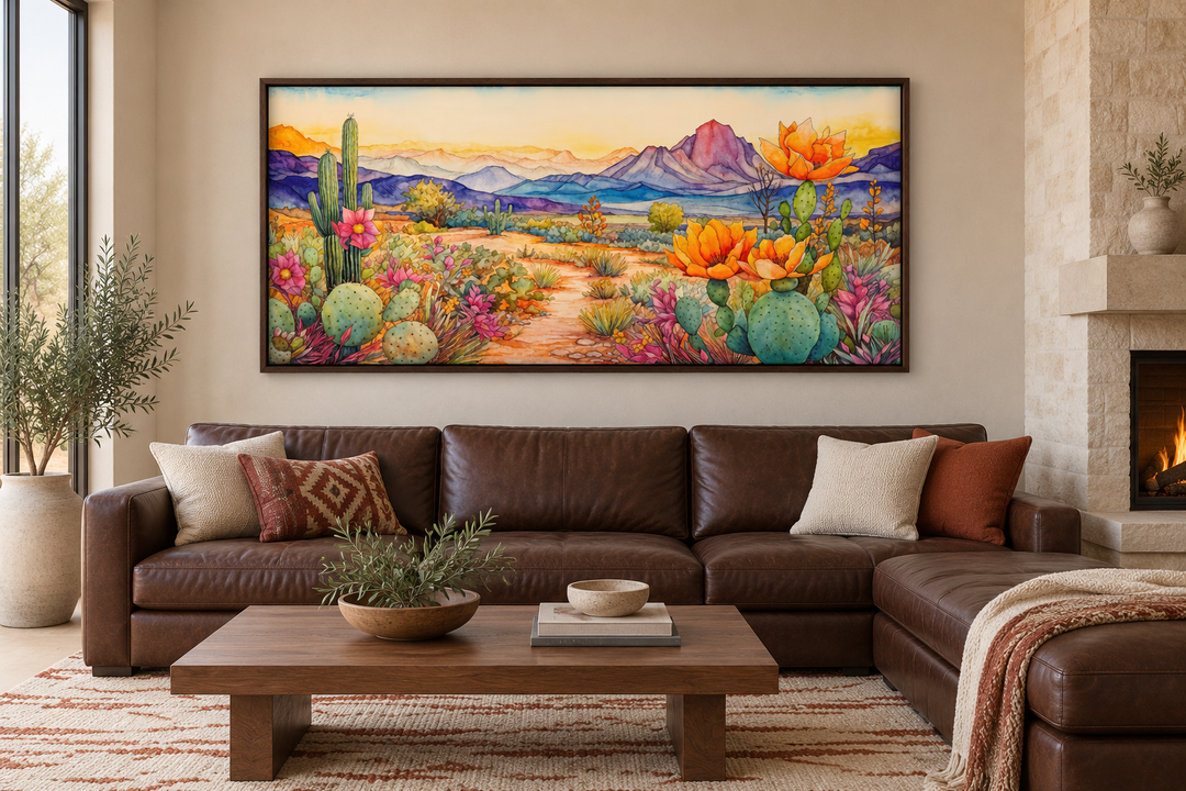 Framed horizontal canvas print of a colorful Arizona desert landscape above a brown leather sofa.