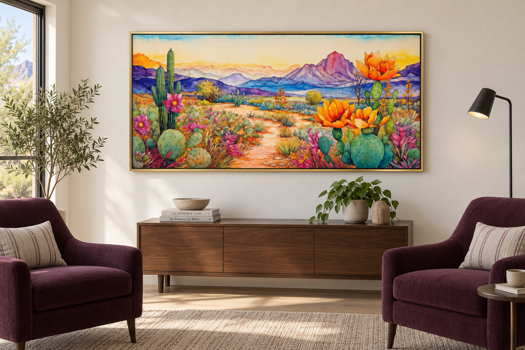 Framed horizontal canvas print of a colorful Arizona desert landscape with cacti and mountains.