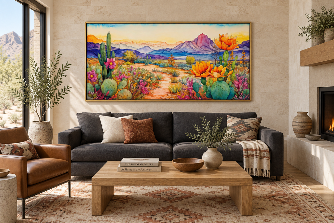 Colorful Arizona desert canvas wall art with cacti and mountains in a modern living room.